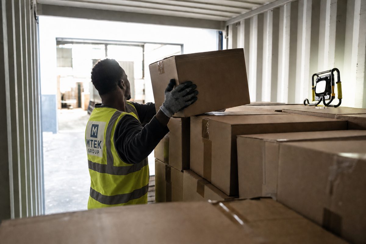 MTEK-medarbejder løfter en papkasse ud af en container.